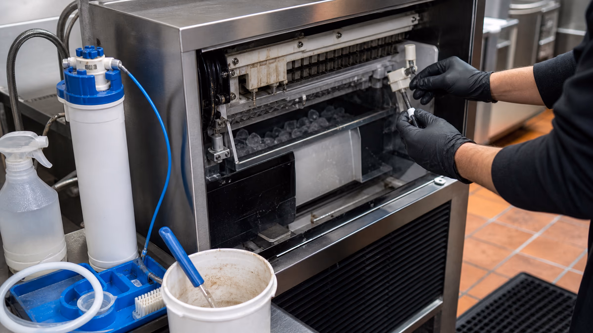 Generic commercial ice machine maintenance scene with water filter and scale-cleaning tools