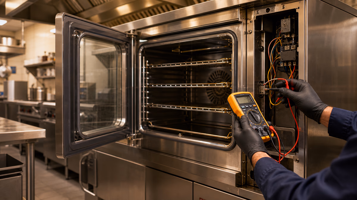Generic commercial oven electrical diagnostic scene with gloved hands and a multimeter