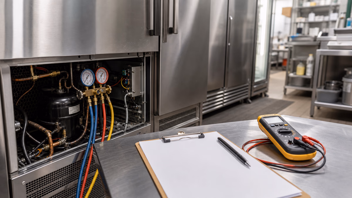 Generic commercial refrigeration diagnostic tools and blank estimate clipboard in a restaurant kitchen