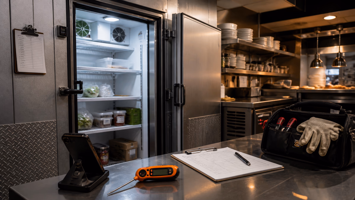 Generic restaurant refrigeration emergency setup with thermometer, service tools, and open cooler