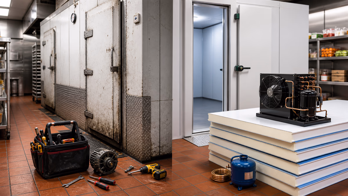 Generic repair versus replacement scene for commercial walk-in cooler panels and refrigeration components