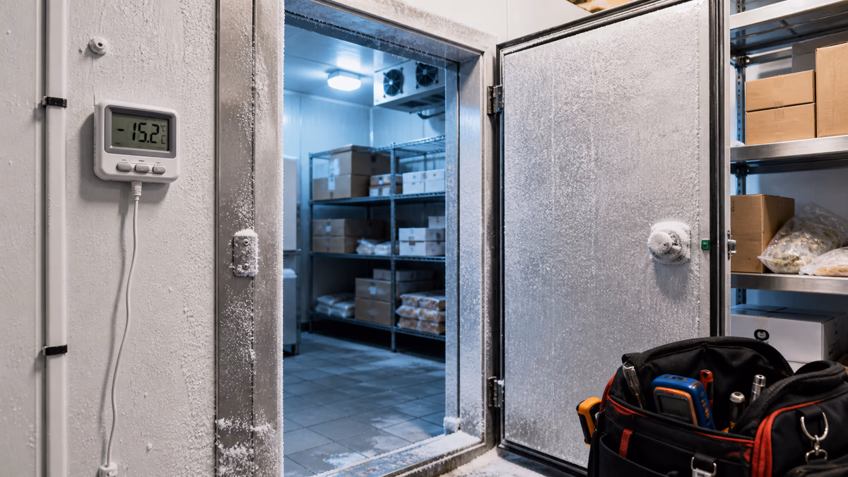 Generic frosty walk-in freezer doorway with a thermometer and service tool bag